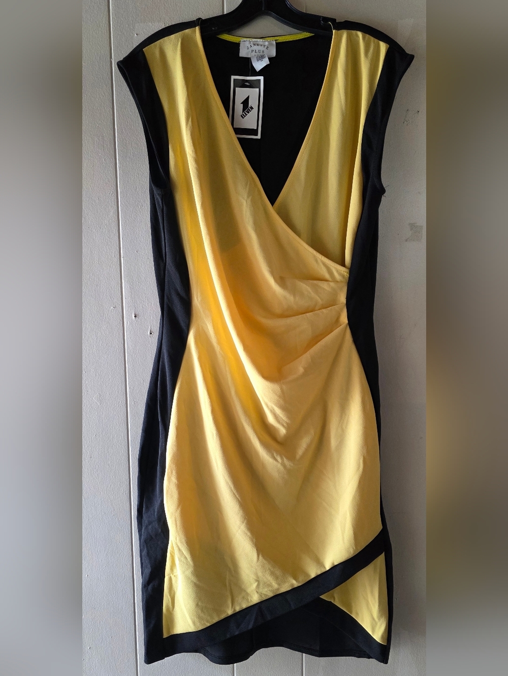 Janette Plus Yellow & Black Color-Block Surplice Faux Wrap Dress. 1X